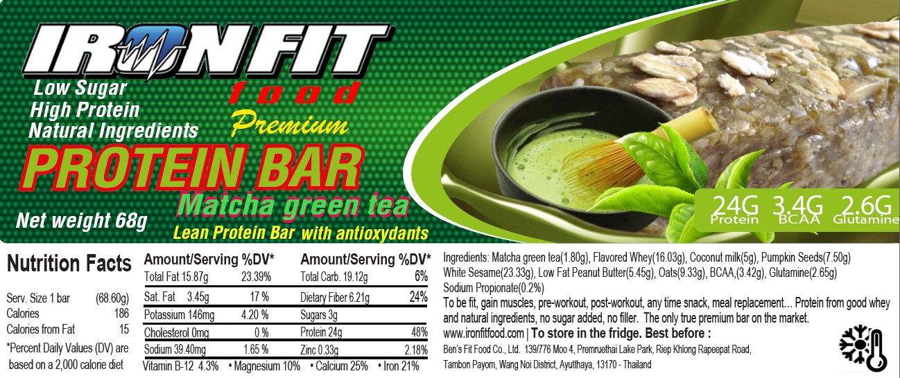 Iron Fit Food Matcha Protein Bar. Made in Thailand protein bar